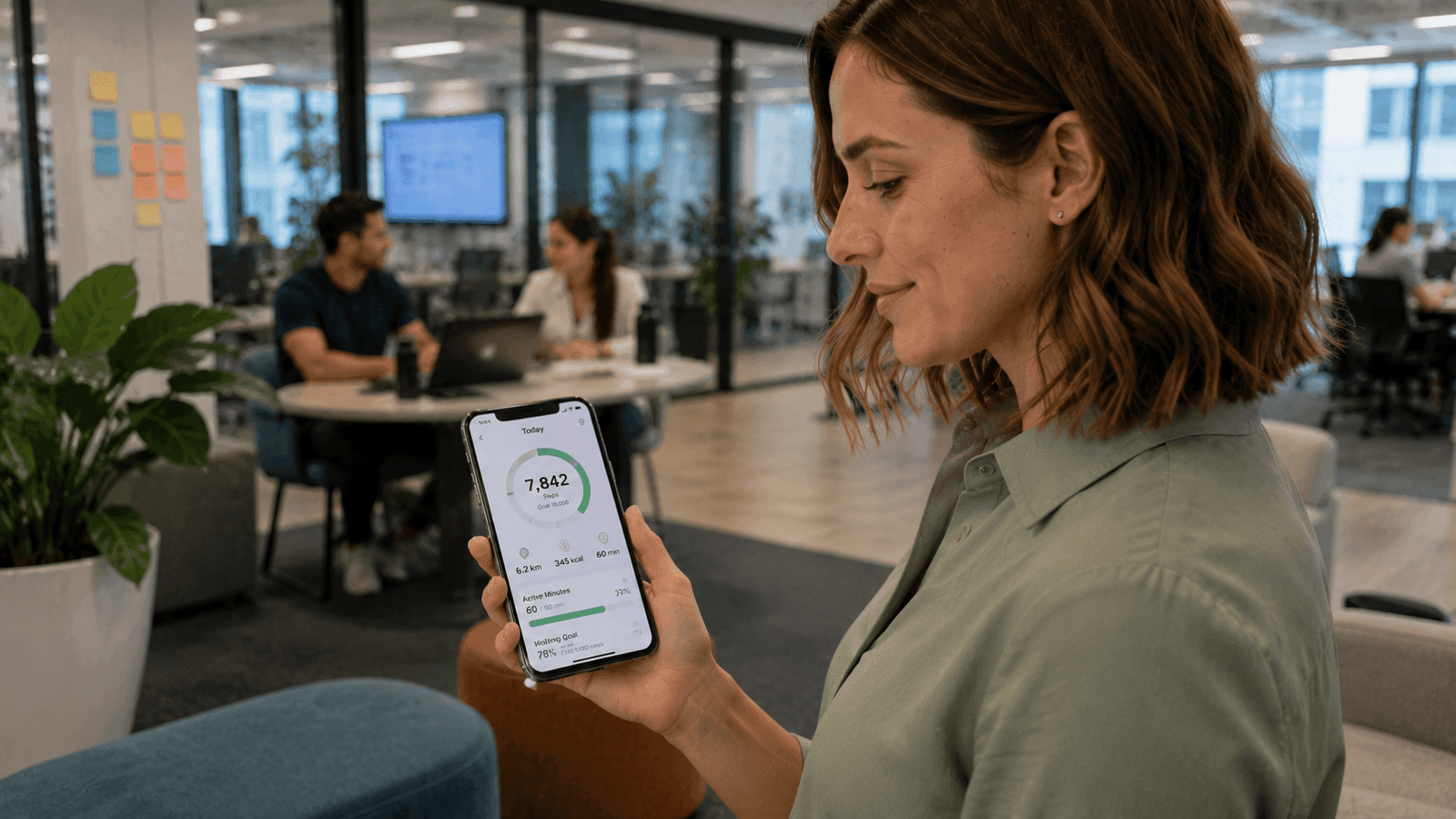 Office employee reviewing daily fitness goals using a mobile fitness app