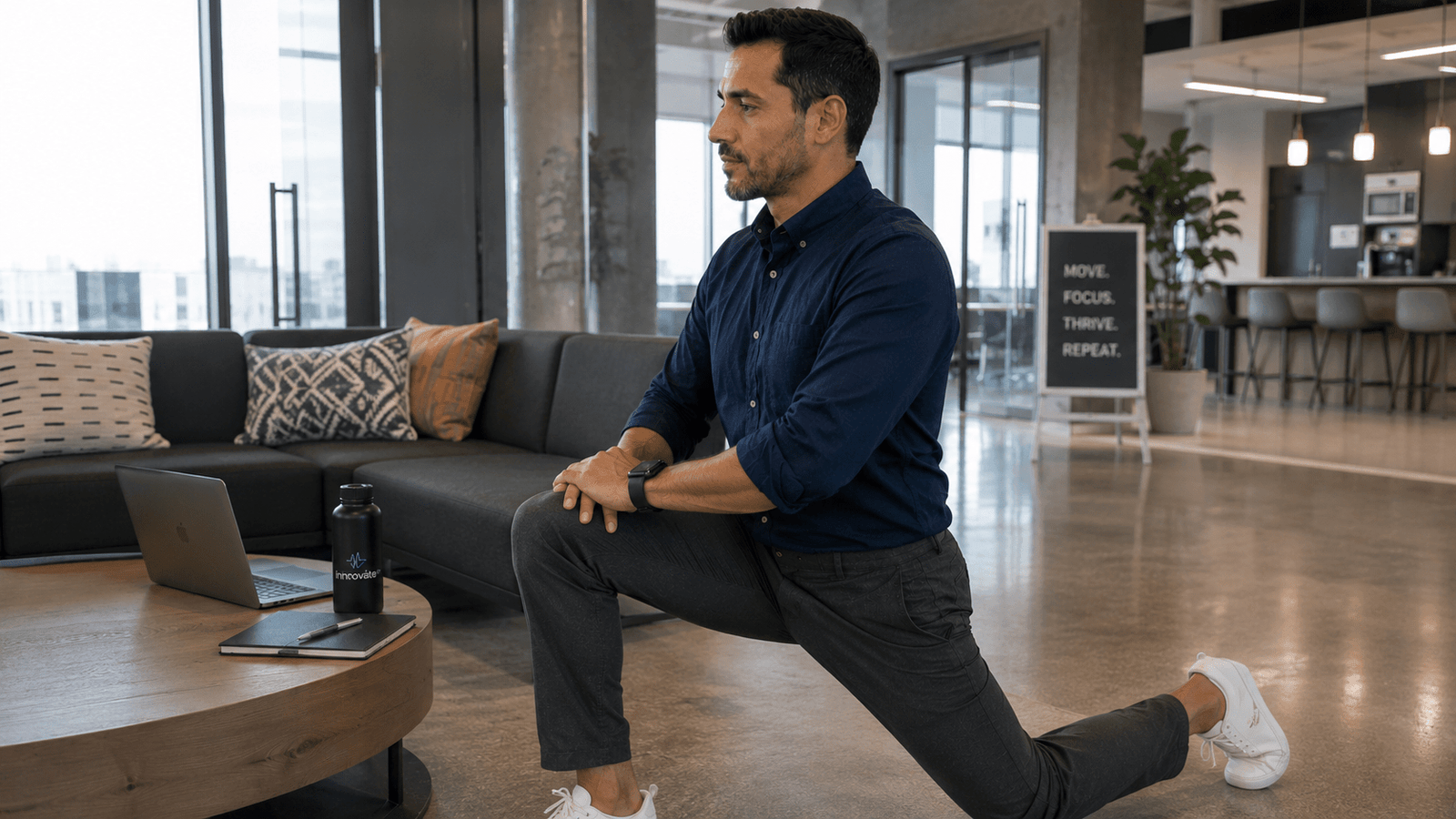 Office employee performing a micro workout between meetings in the workplace