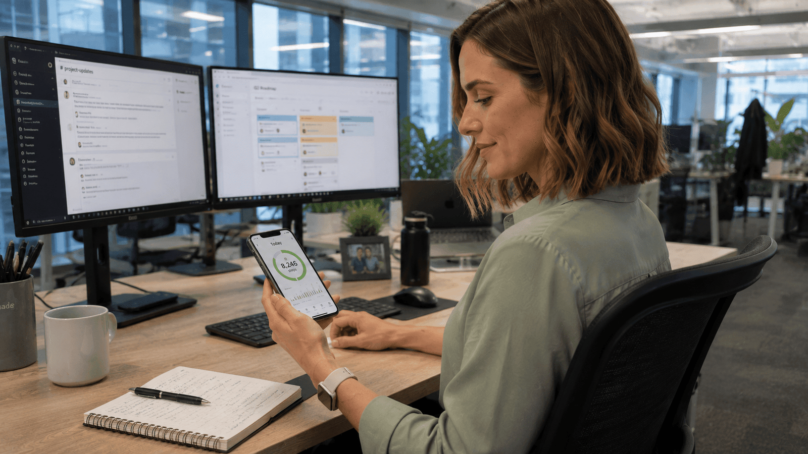 Office worker checking activity statistics on a mobile fitness app during the workday