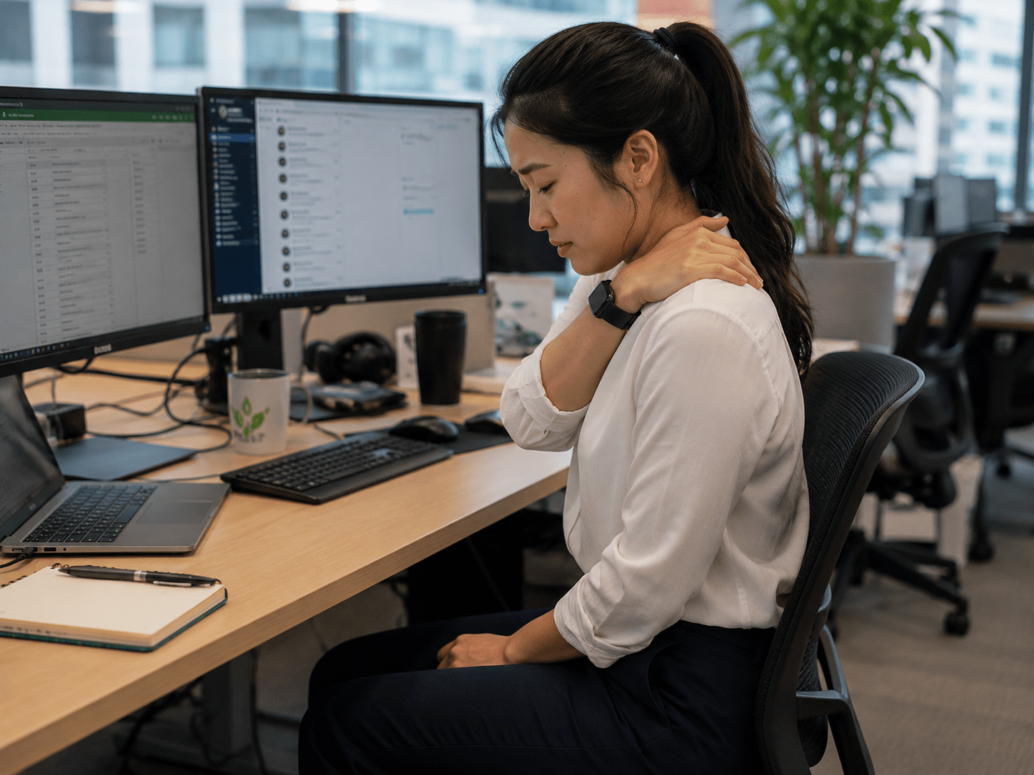 Office worker experiencing neck and shoulder stiffness after prolonged desk work
