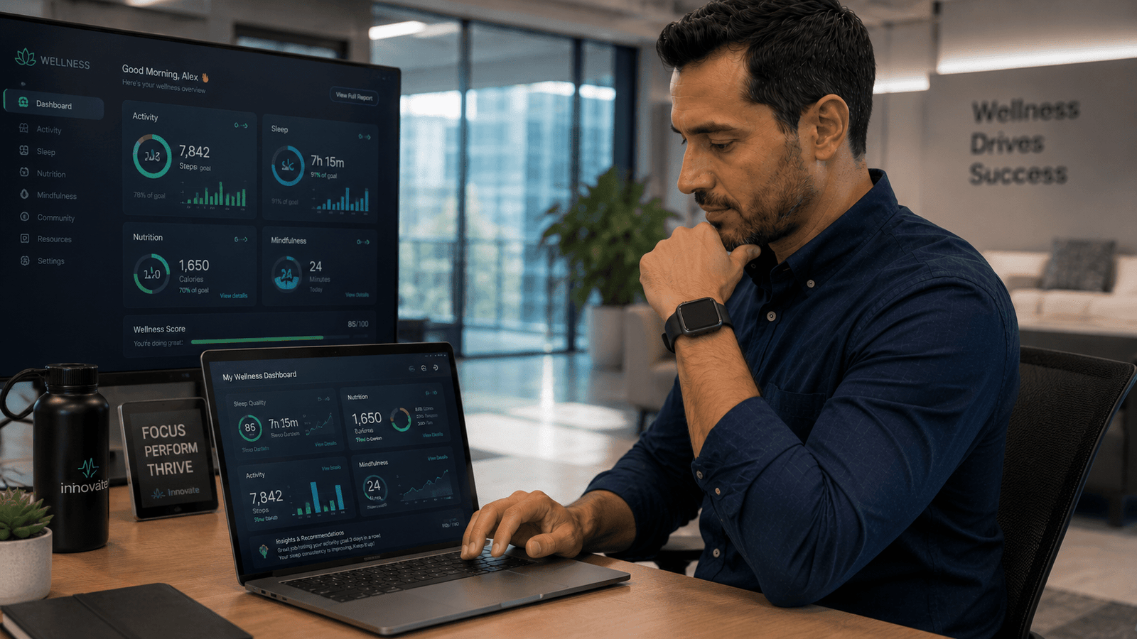 Employee reviewing a personalized wellness dashboard with fitness tech insights