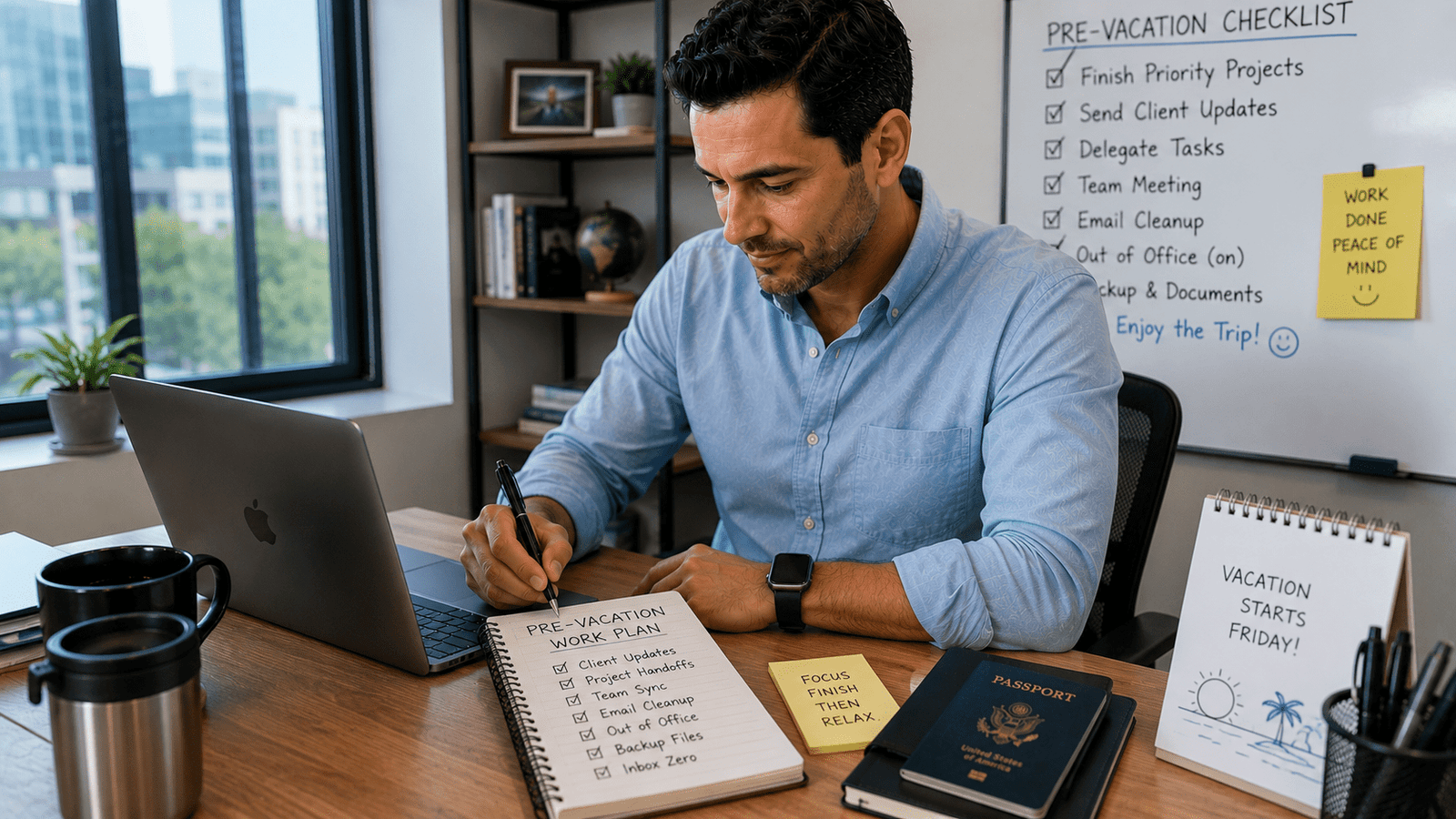 Professional preparing work responsibilities before leaving for vacation