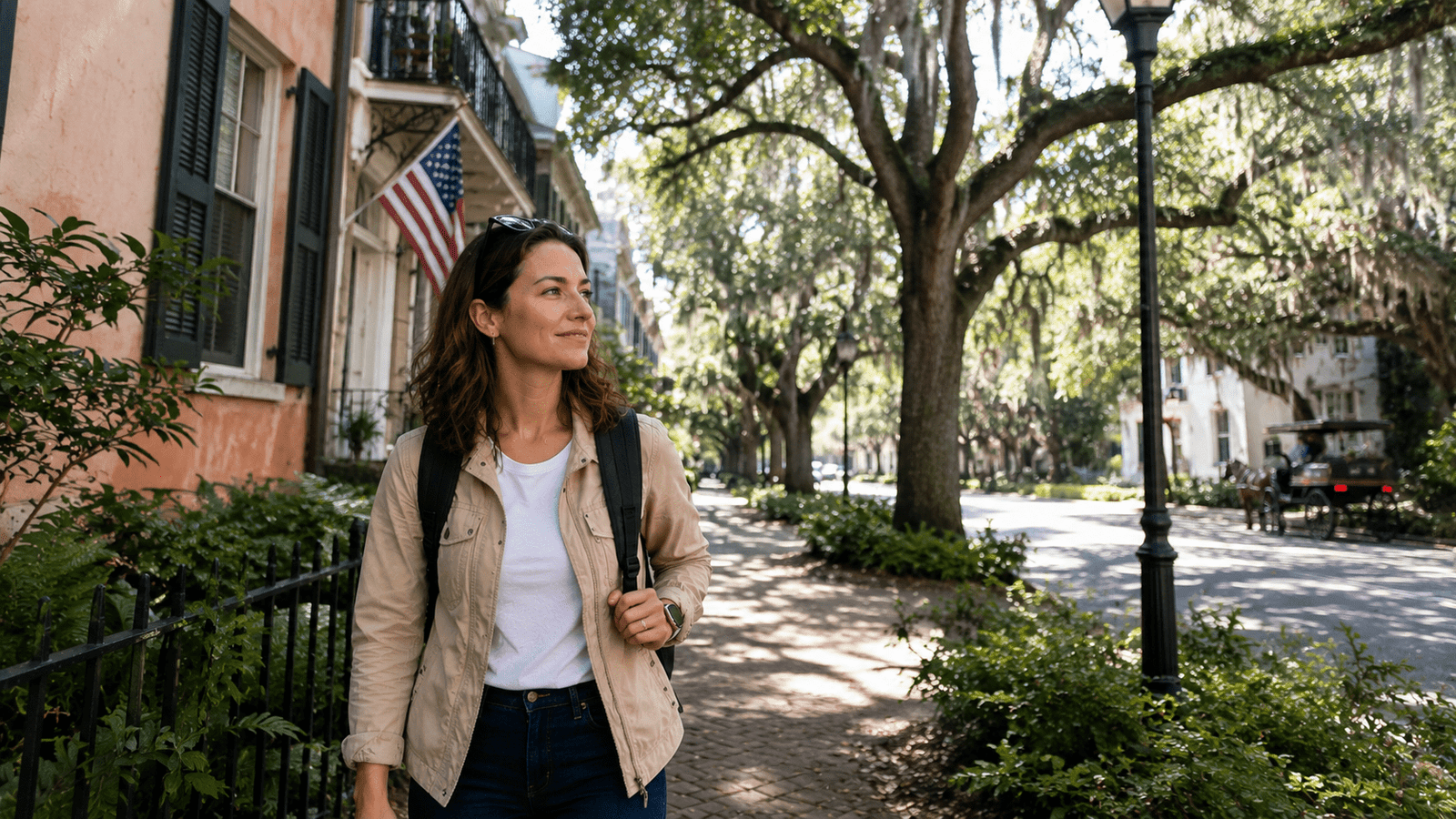 Professional traveler walking through historic Savannah Georgia during a weekend trip