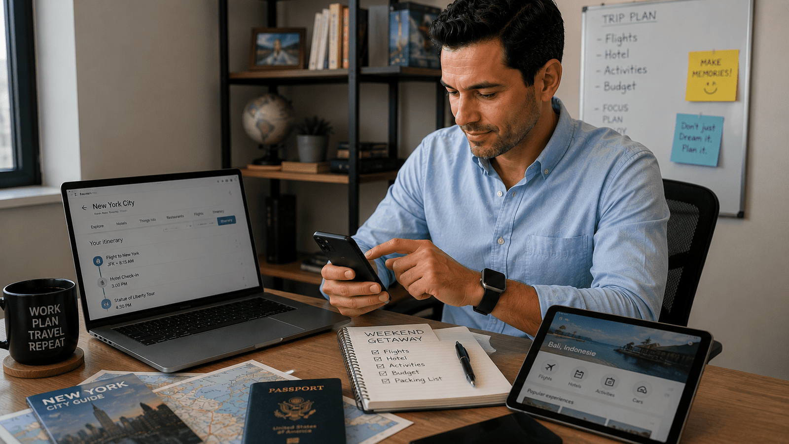Professional using travel apps and digital tools to plan an upcoming trip