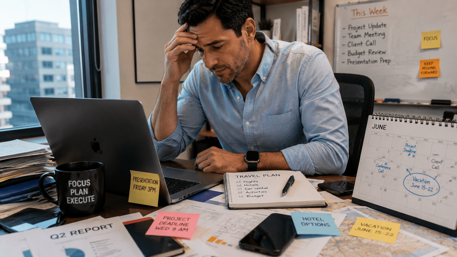 Busy professional feeling overwhelmed while planning a trip and managing work responsibilities