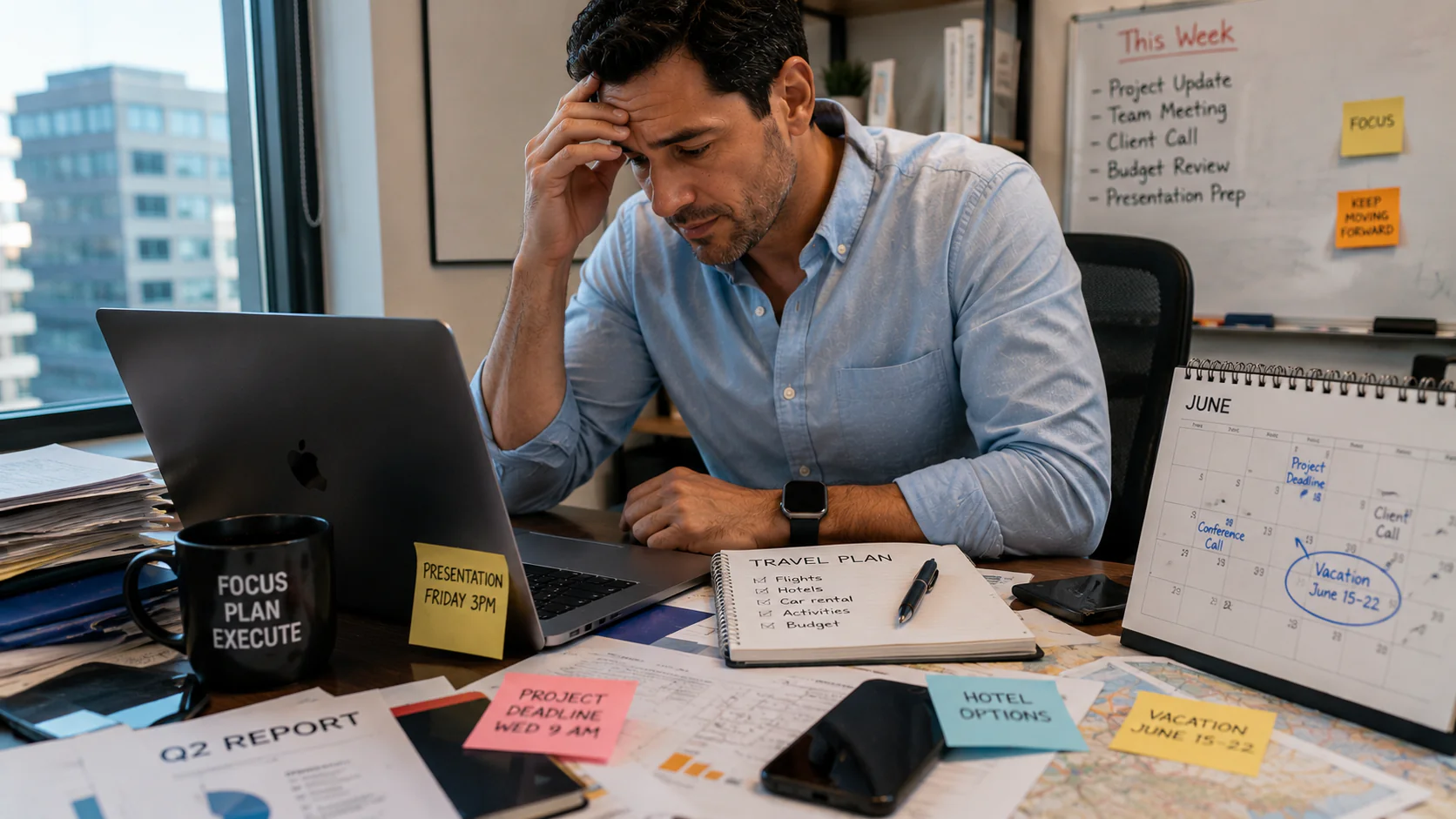 Busy professional feeling overwhelmed while planning a trip and managing work responsibilities