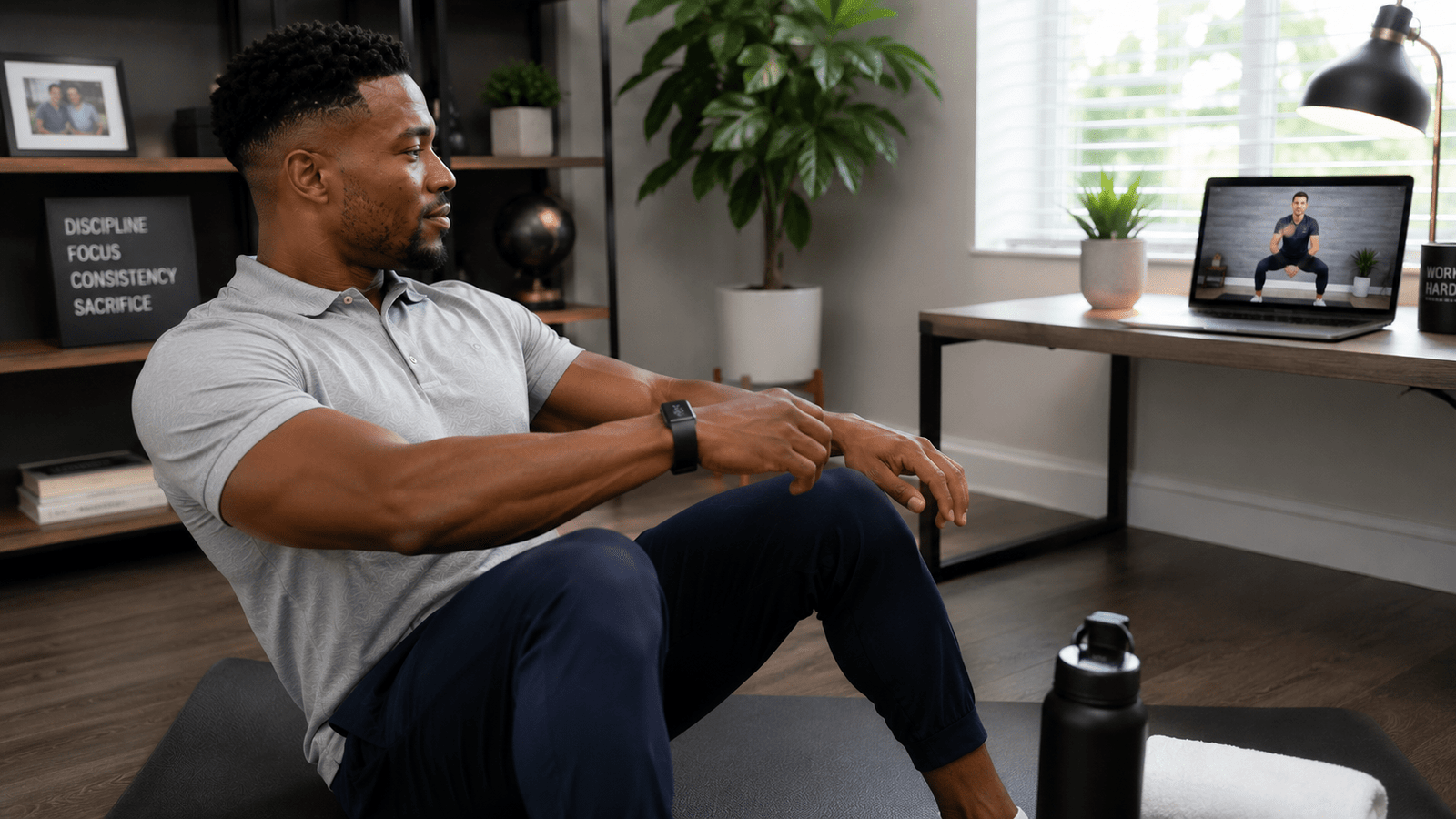 Remote employee participating in virtual group fitness workouts from a home office