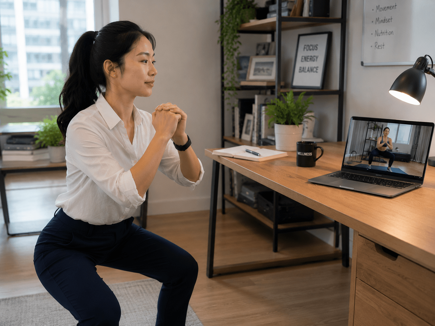 Remote employee participating in a virtual group workout class from a home office
