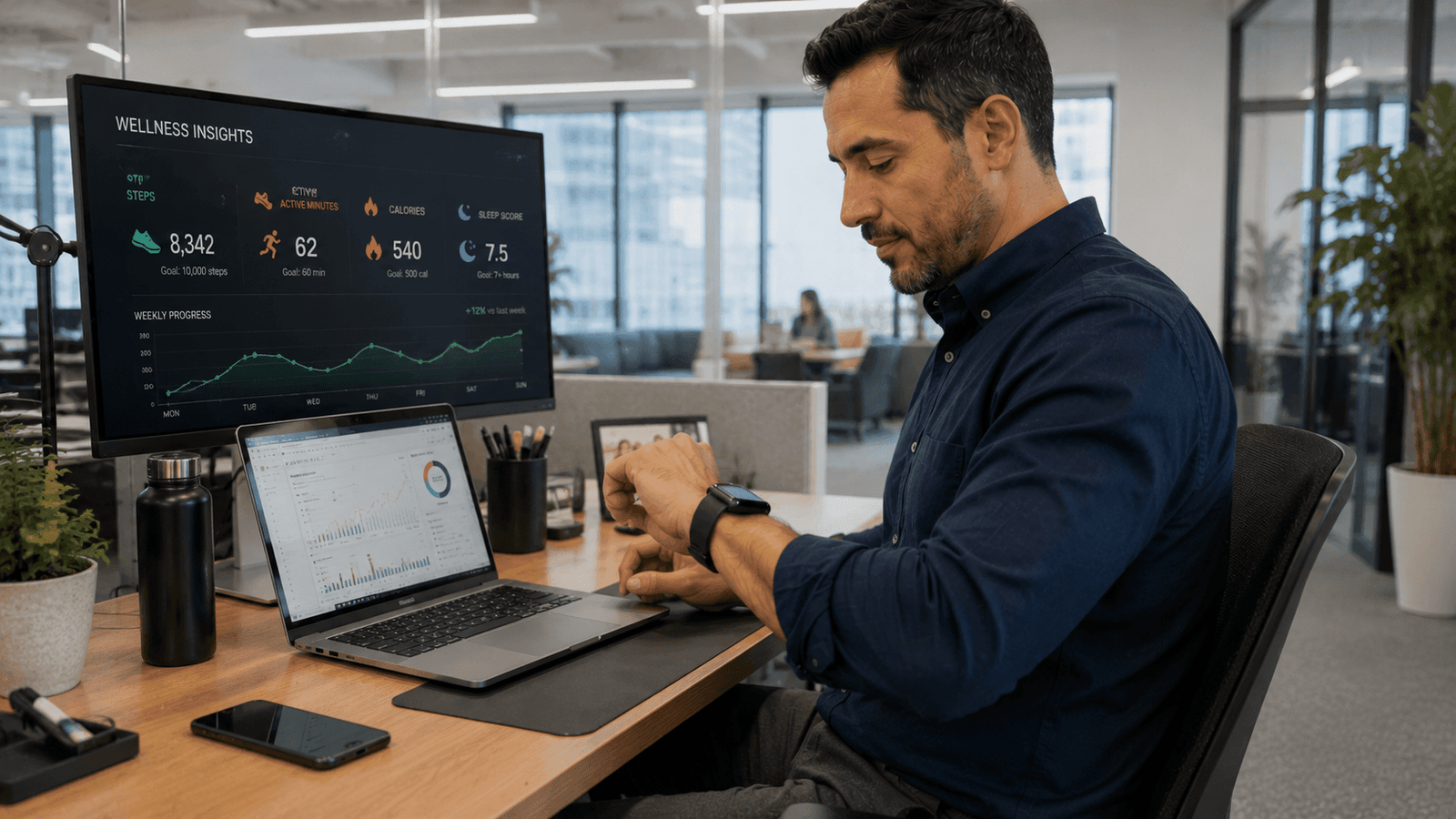 Office employee using wearable fitness technology while working at a smart workstation