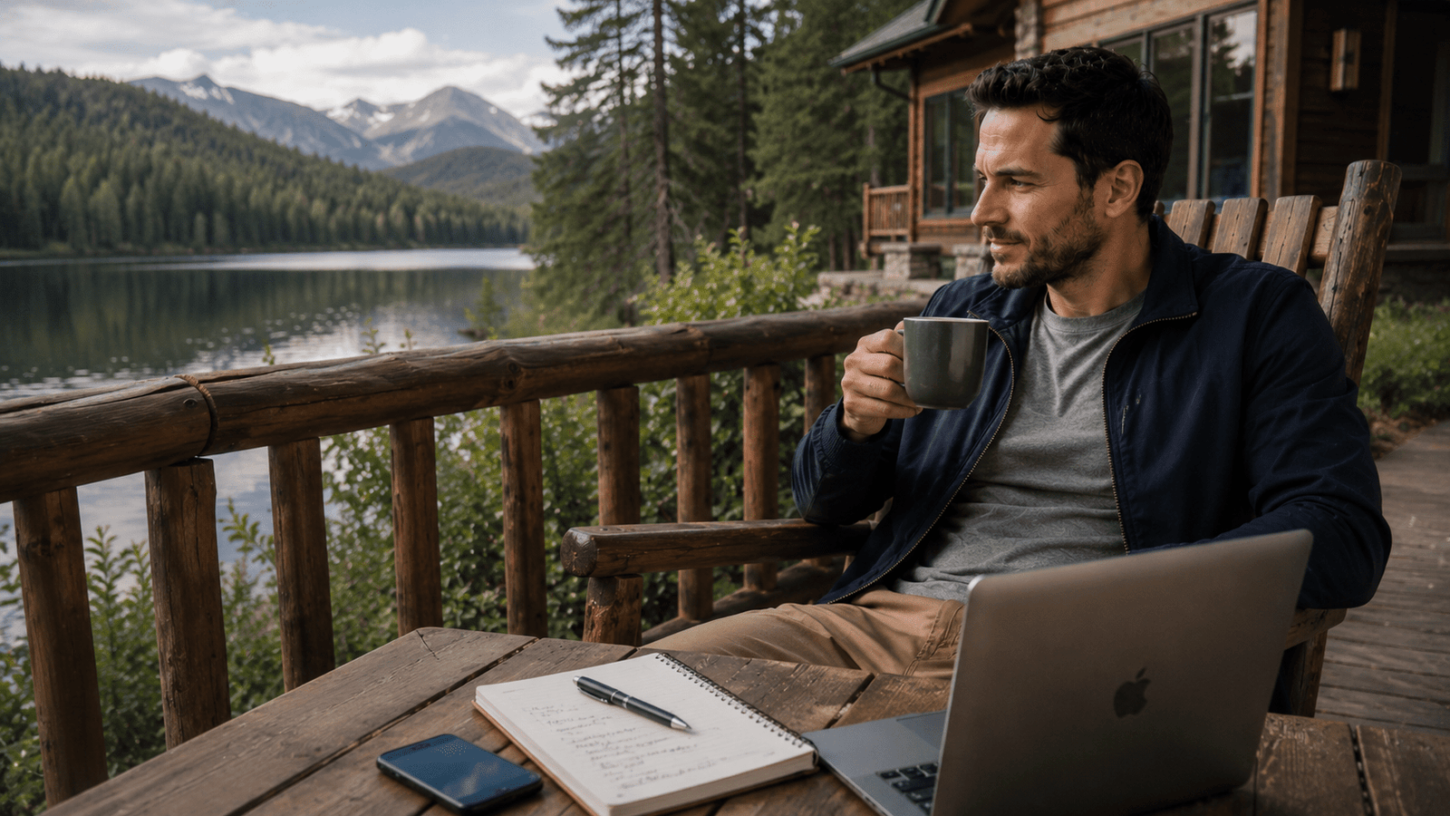 Busy professional enjoying a relaxing weekend getaway in nature