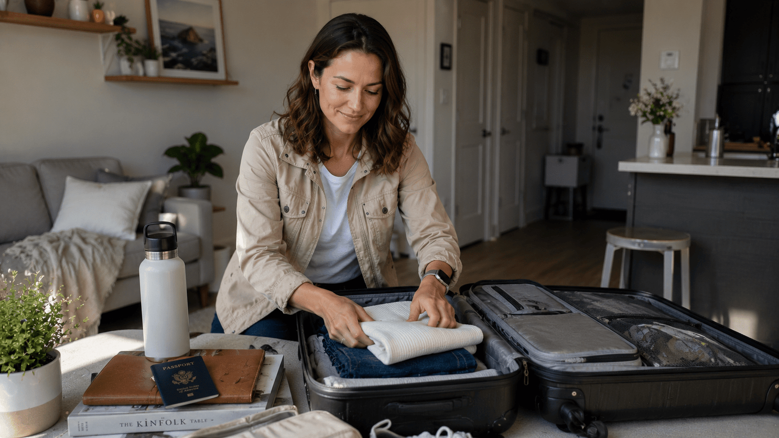 Busy professional packing light for a weekend getaway in the USA