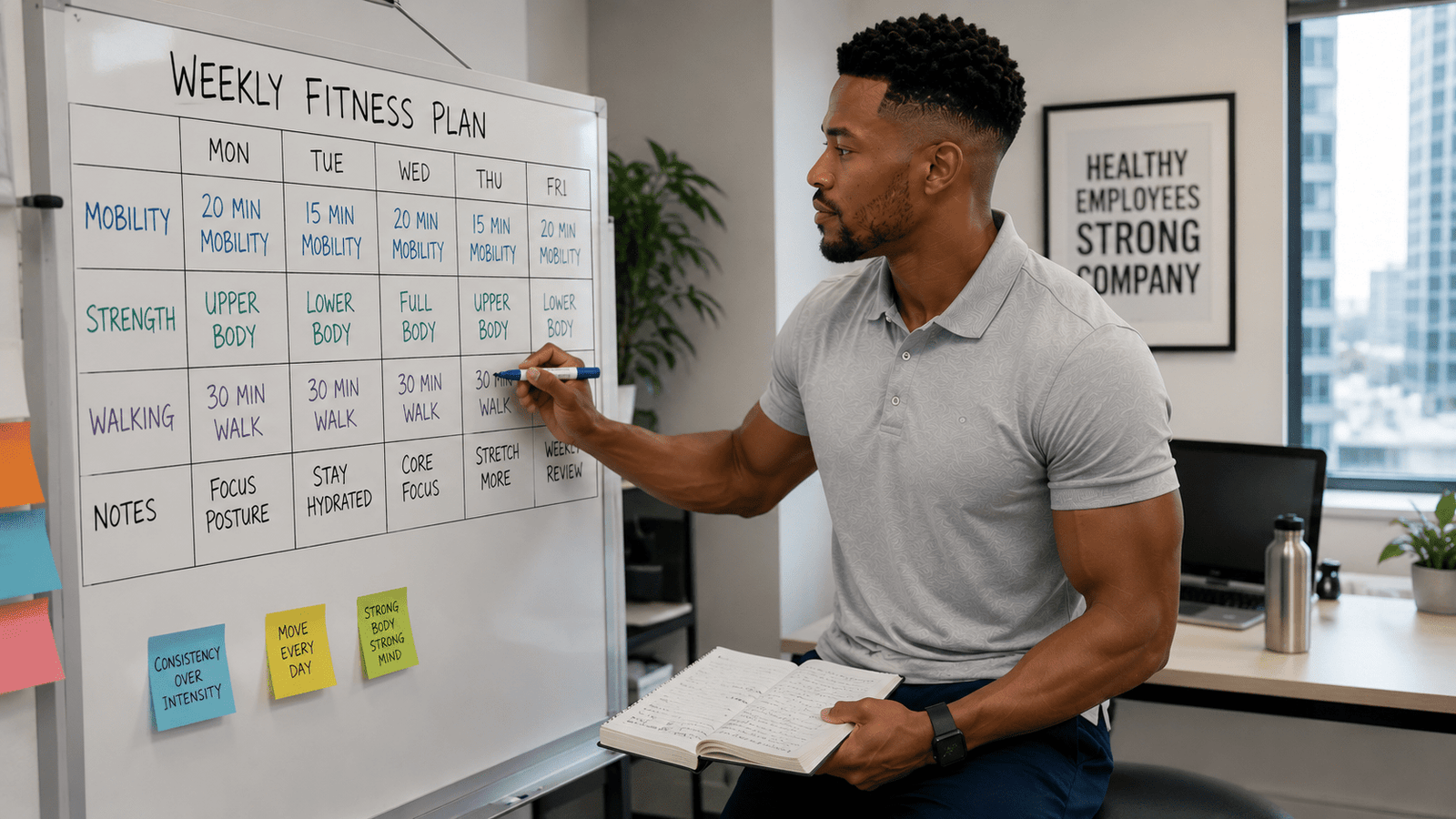 Office employee planning a weekly group fitness workout schedule for workplace wellness
