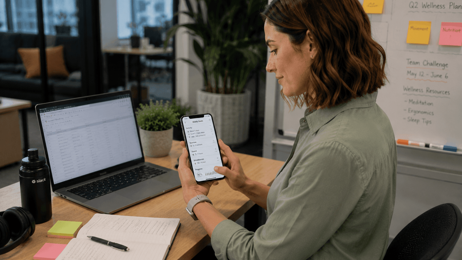 Office worker planning weekly fitness goals using a mobile fitness app