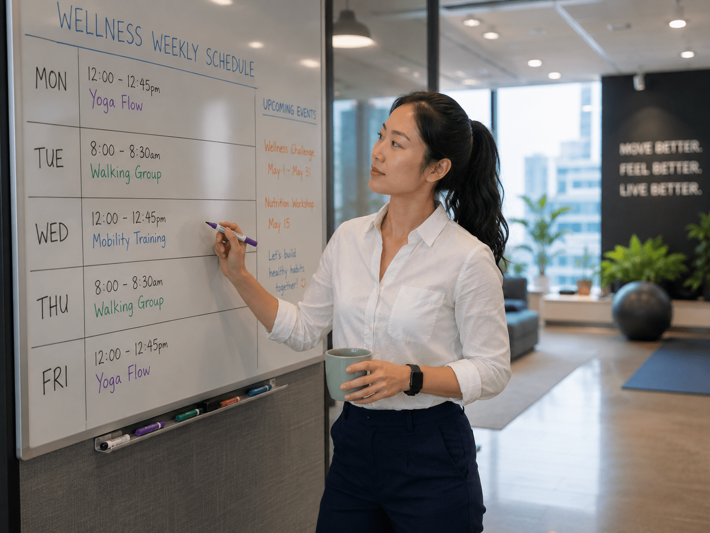 Office employee planning a weekly workplace fitness routine and wellness schedule