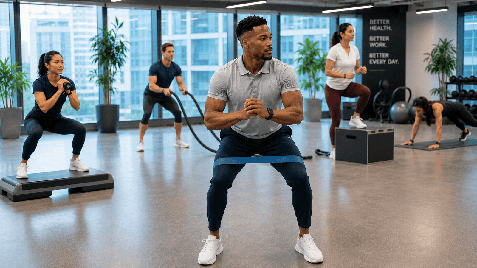 Employees completing workplace circuit training workouts to improve fitness and endurance
