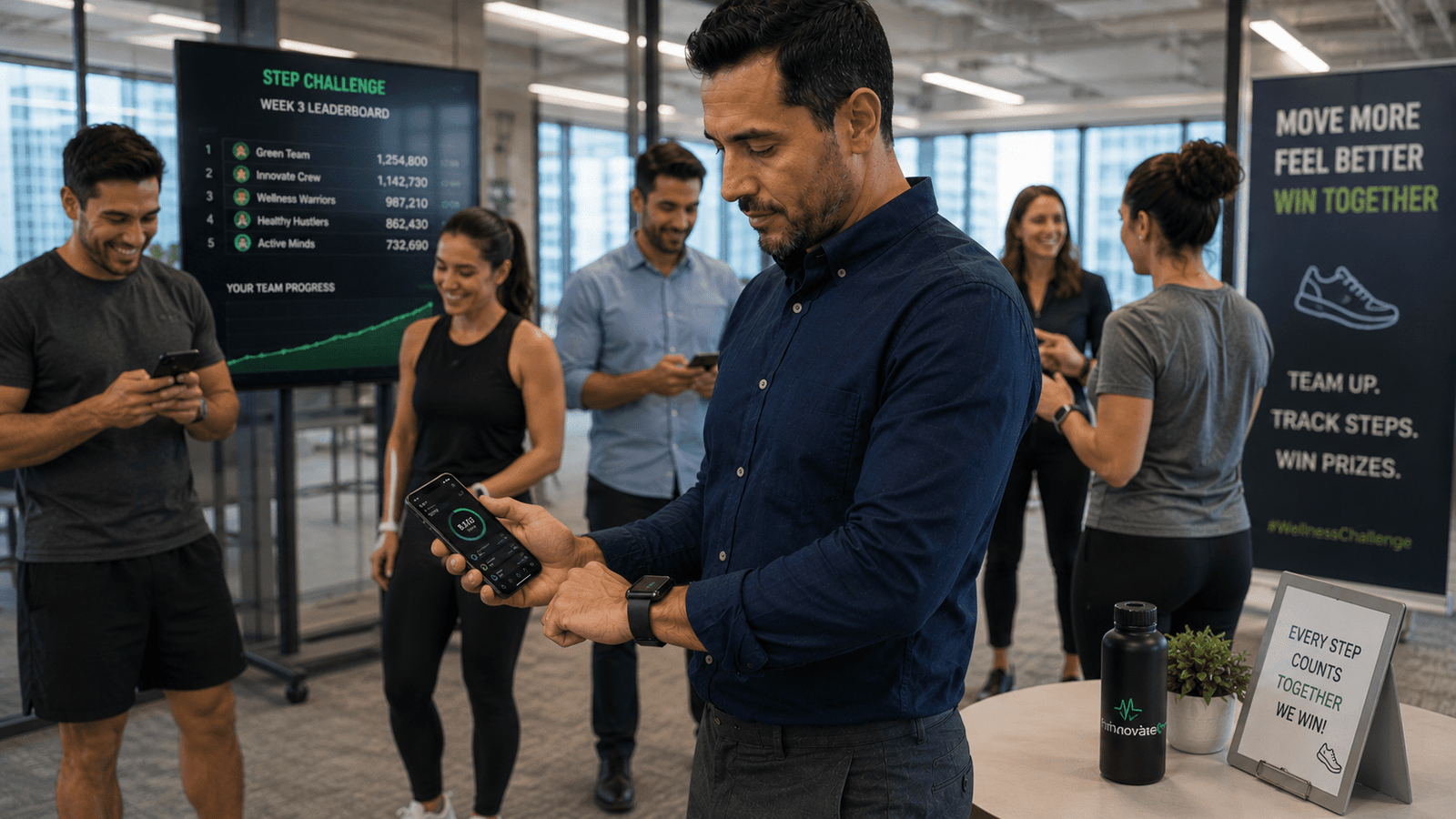 Employees participating in a workplace group fitness challenge supported by wellness technology