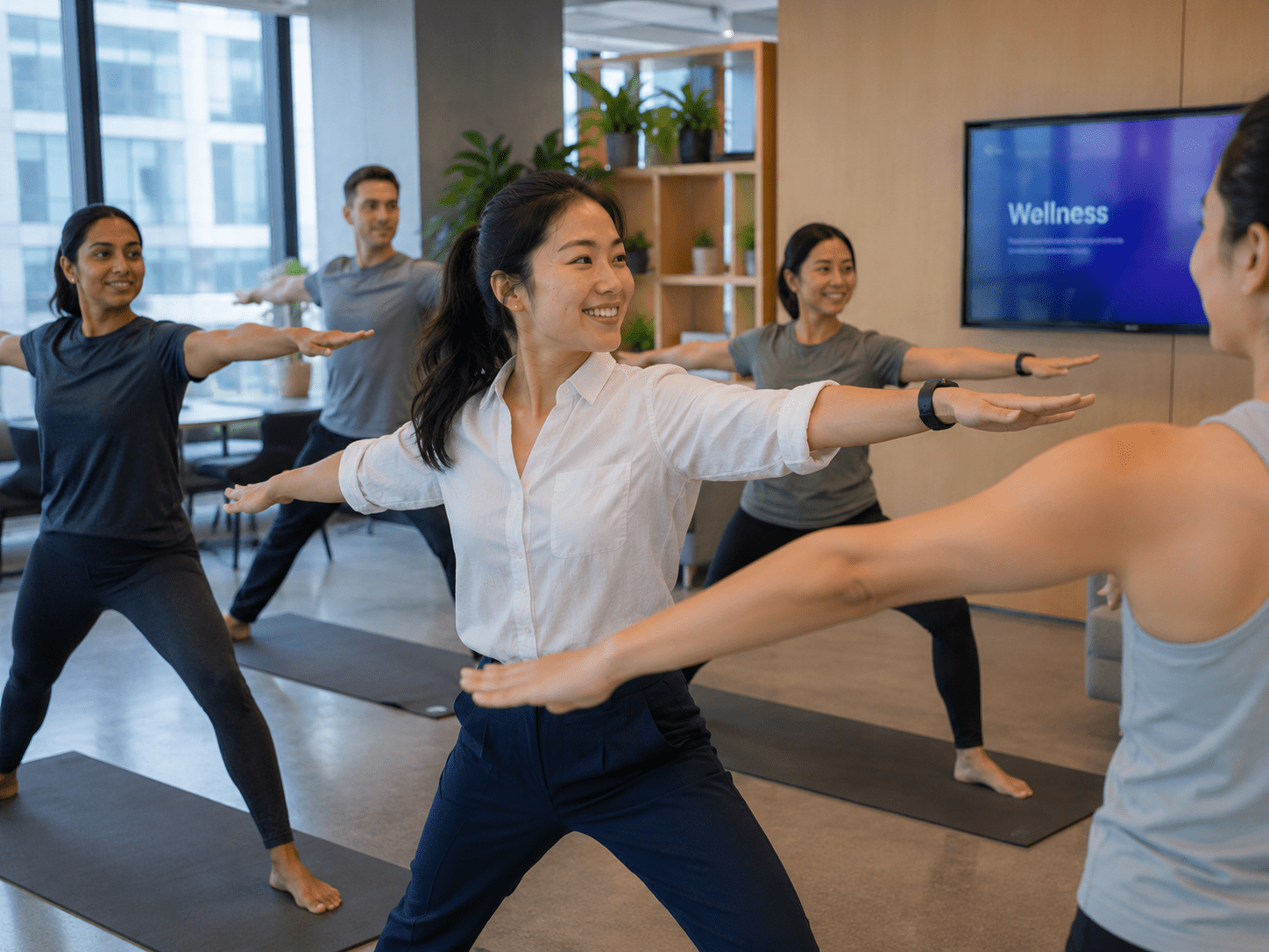 Employees participating in a workplace group fitness session during working hours