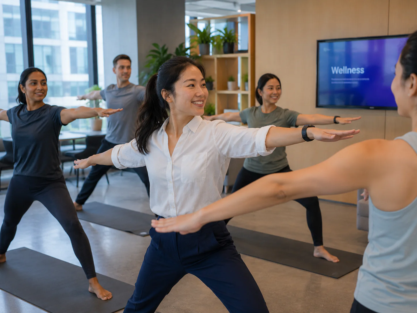 Employees participating in a workplace group fitness session during working hours