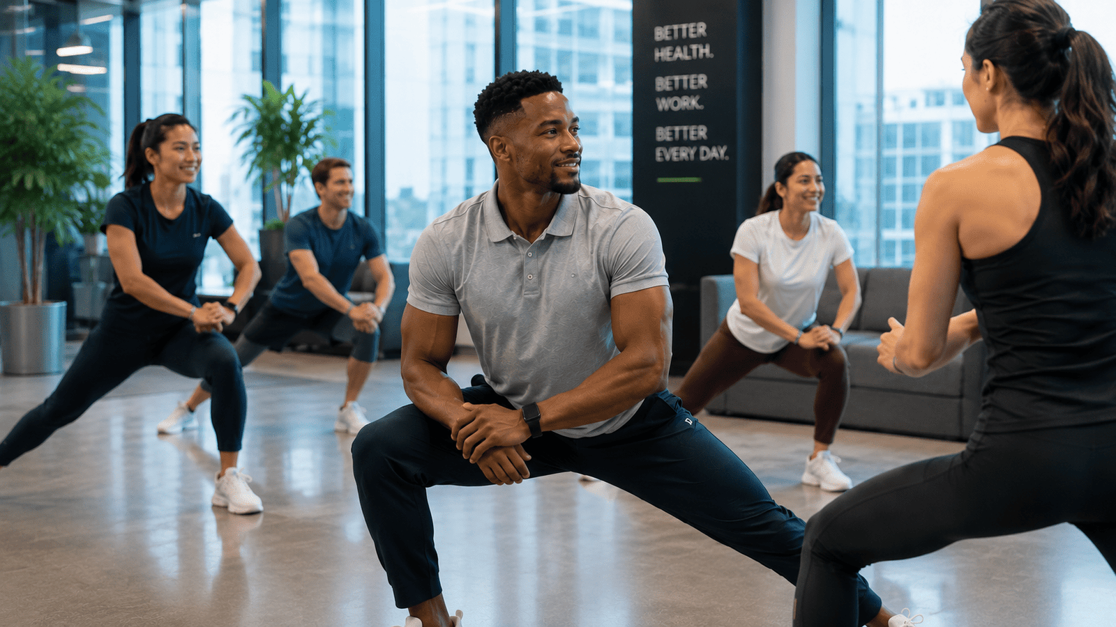 Employees participating in workplace group fitness workouts during a wellness session