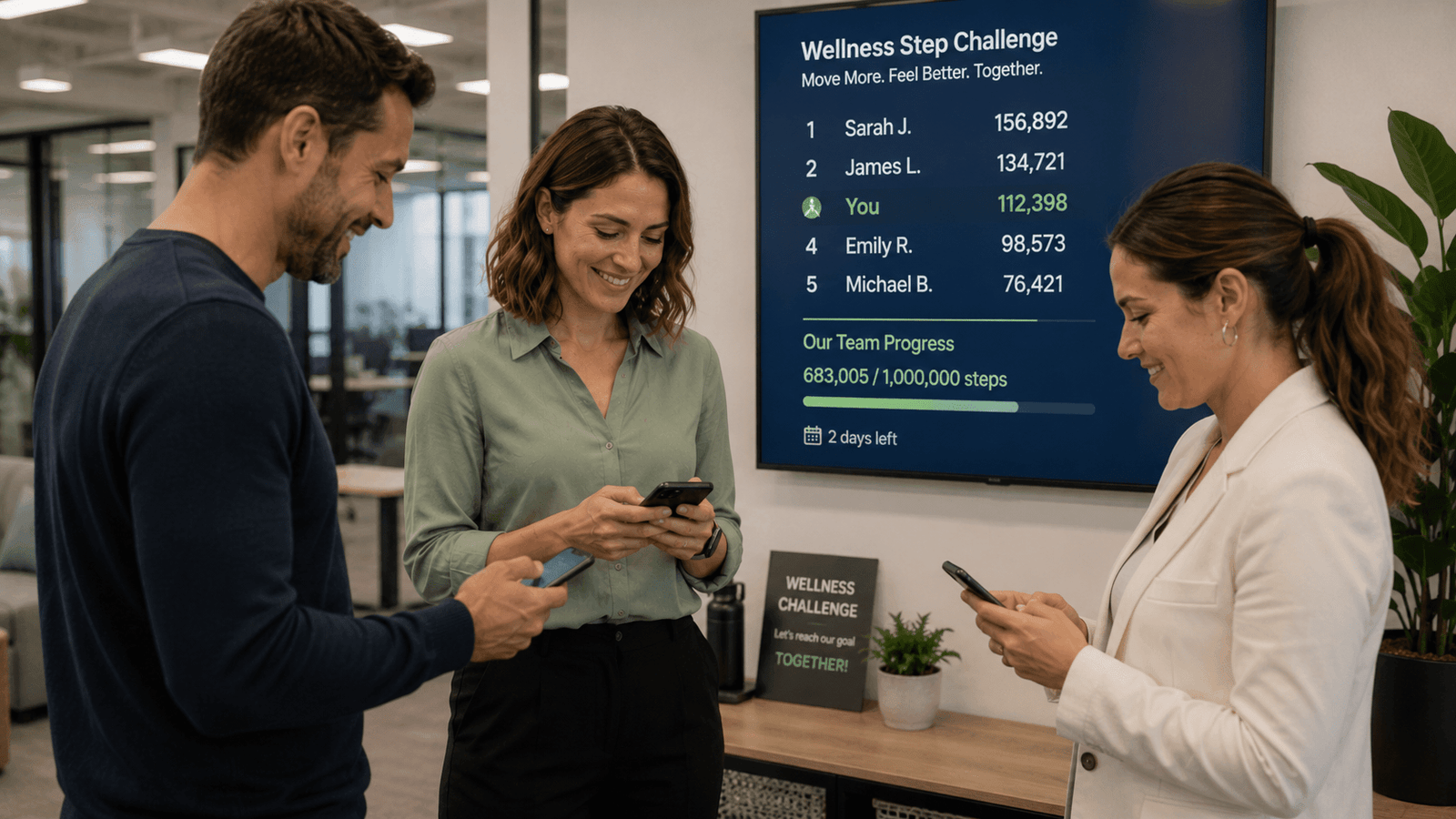 Employees participating in a workplace step challenge using mobile fitness apps