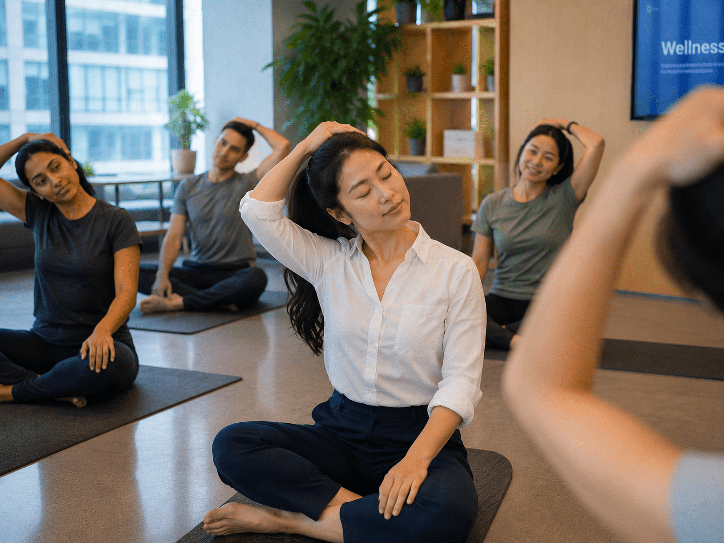 Office workers performing guided stretching exercises during a workplace wellness class