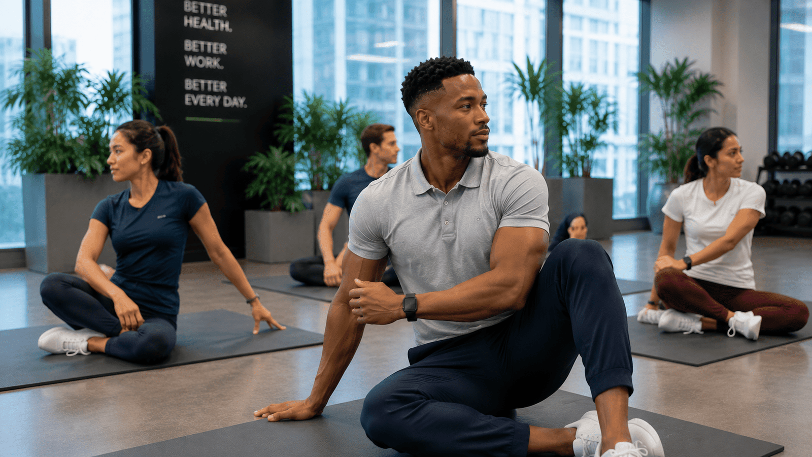 Employees participating in a workplace stretching workout to improve flexibility