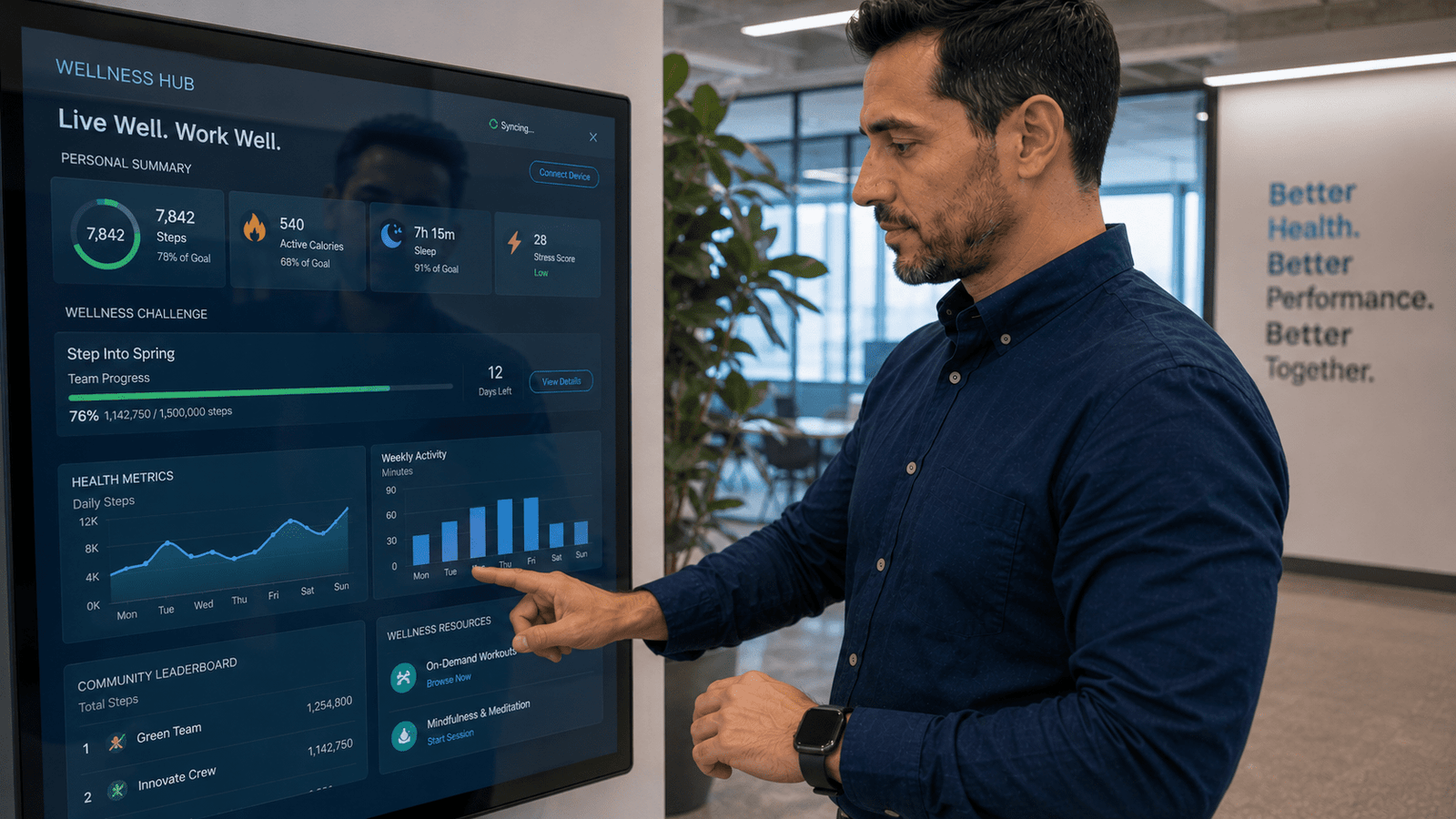 Employee using an integrated workplace wellness platform with fitness tracking features